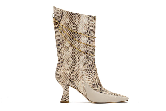 Naomi Ivory Python Print Boot shot from the side on white background