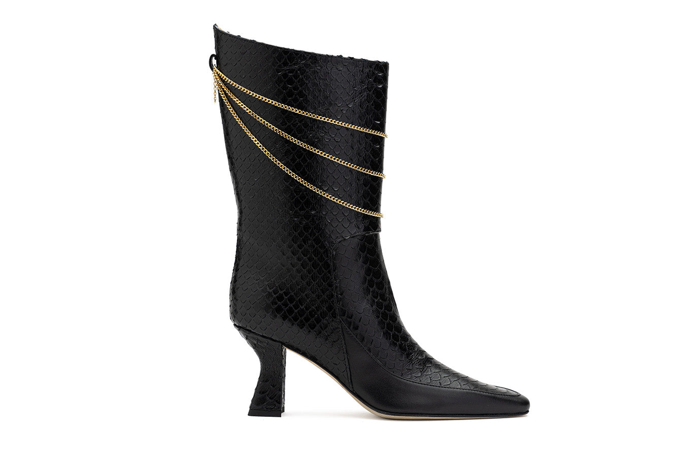 Naomi Black Python Print Boot shot from the side on white background