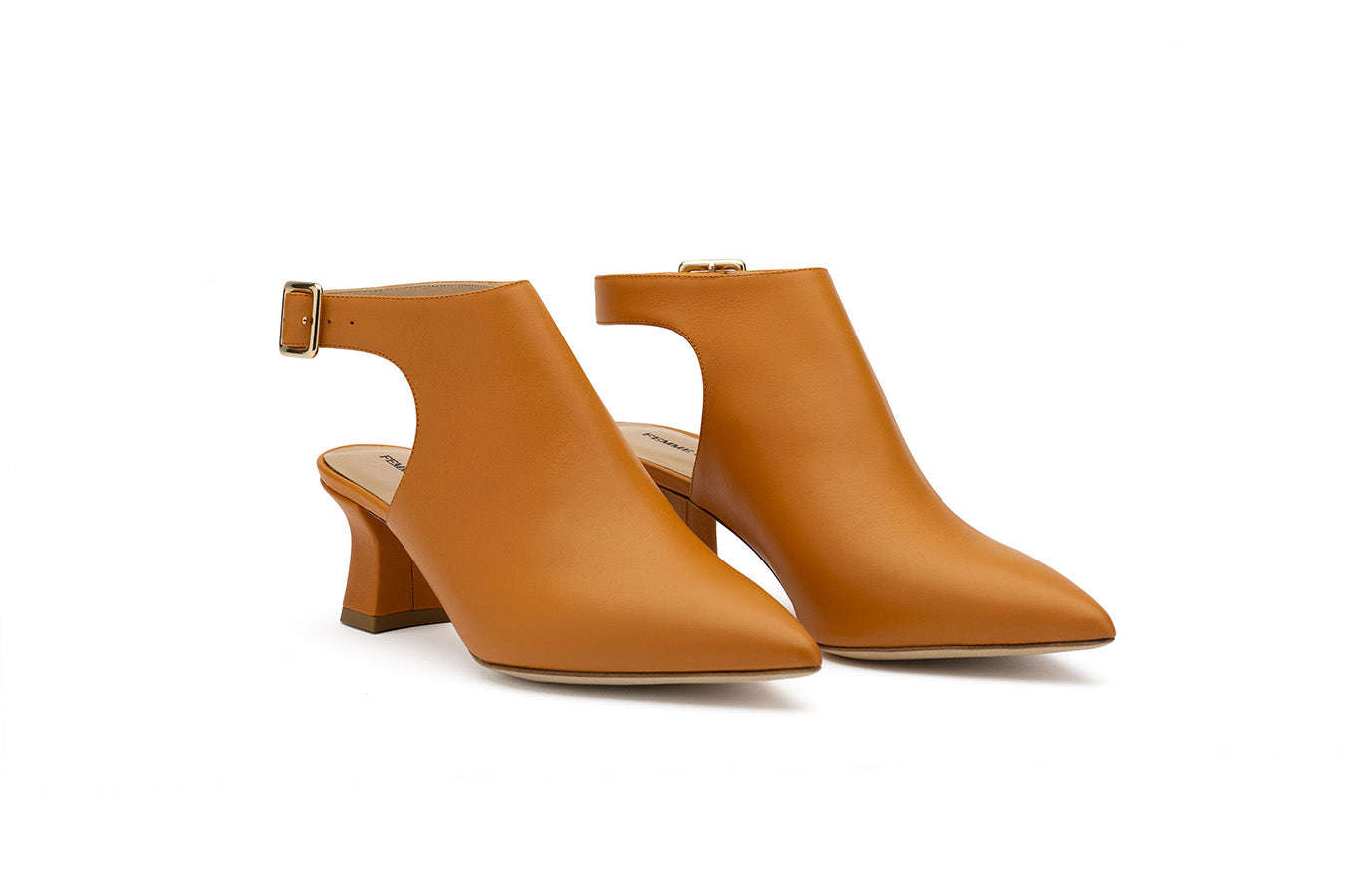 Brown women's buckle shoes shot at an angle