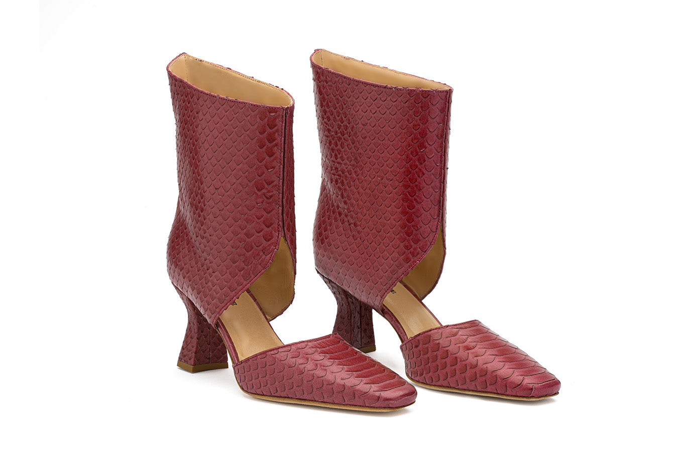 Tyra RedCherry Python Print cutout OpenBoots shot at an angle from the front on white background