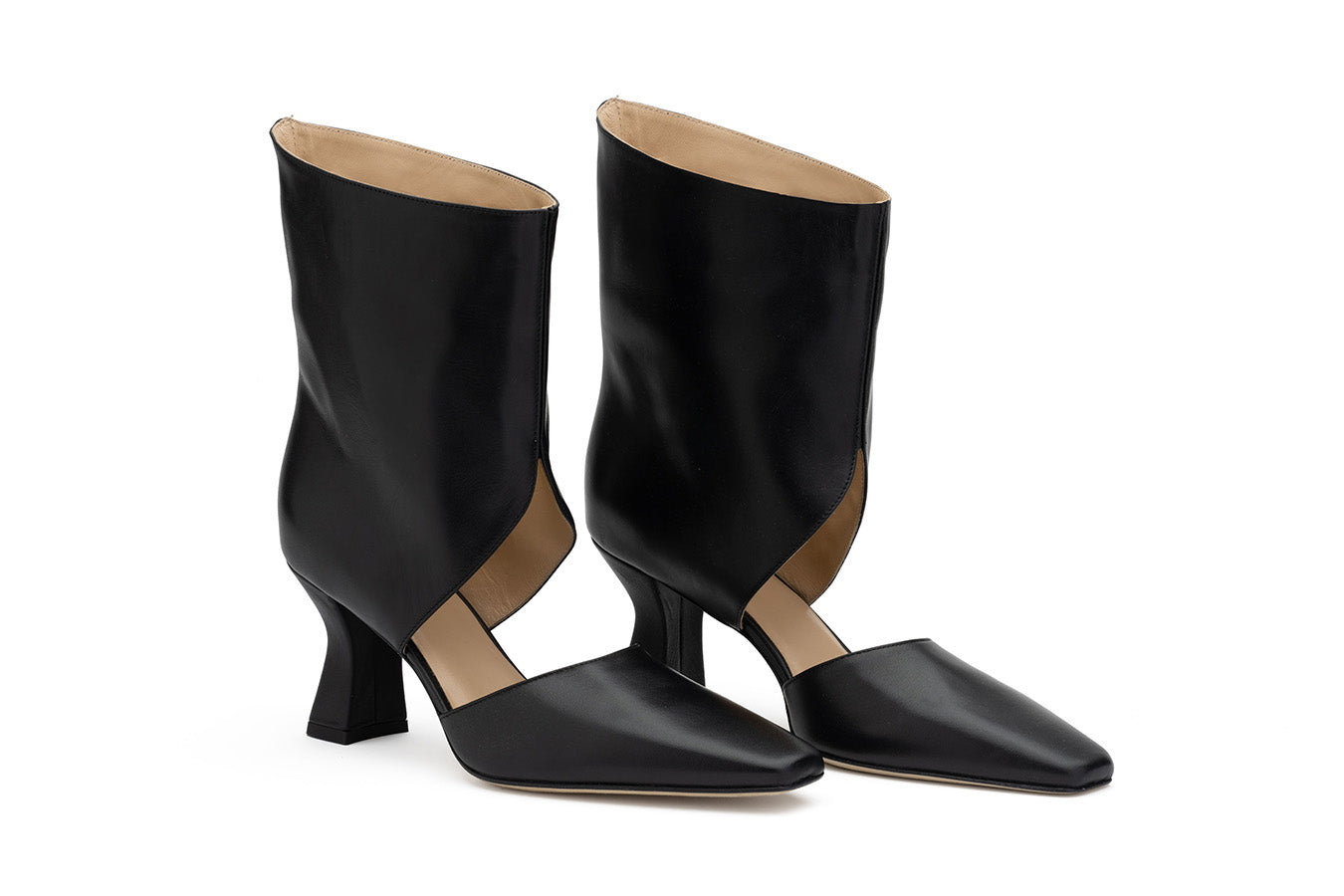Tyra Black Open cutout boots shot at an angle from the front on white background