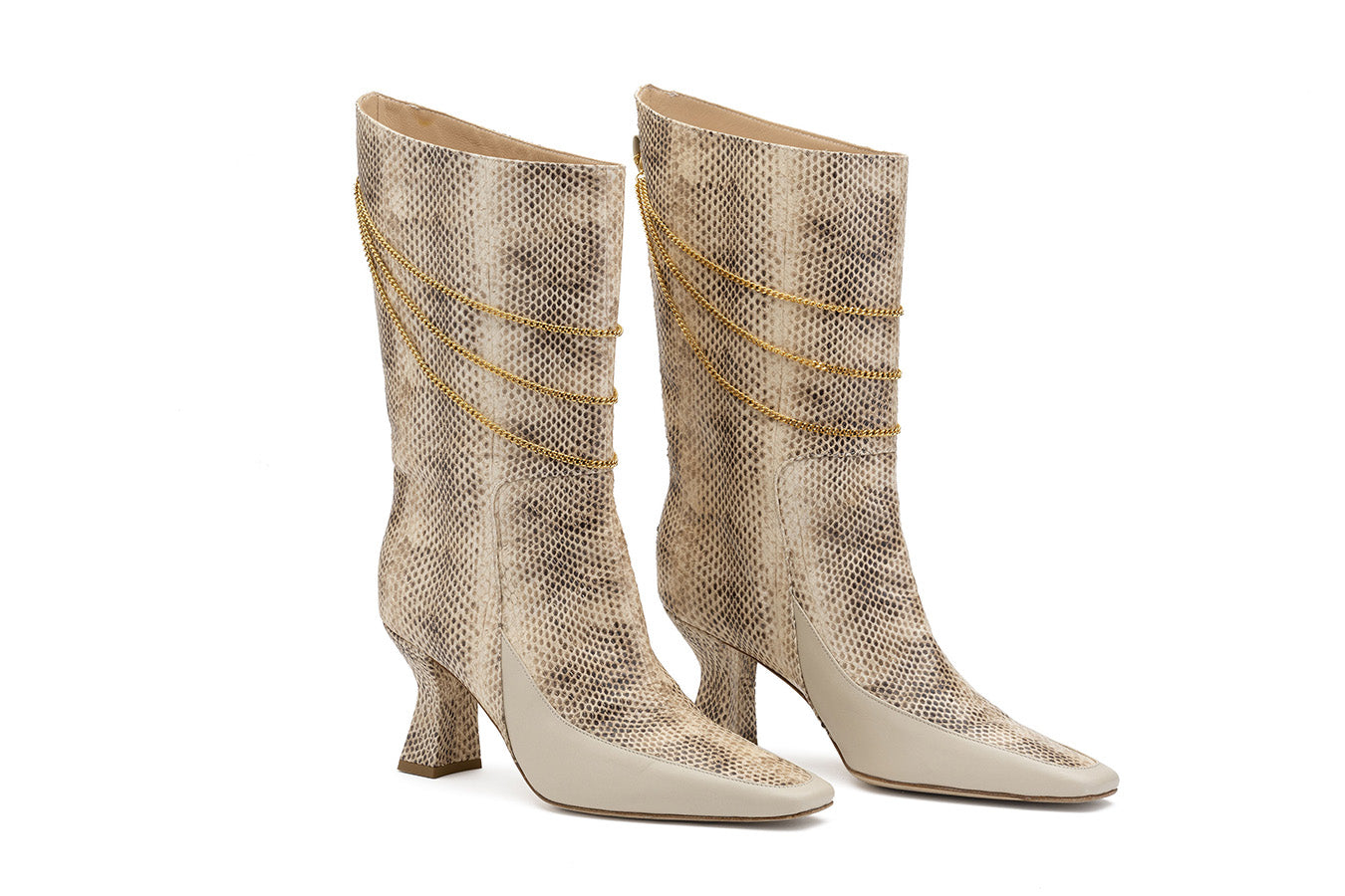 Naomi Print women's Python boots shot at an angle from the front on white background
