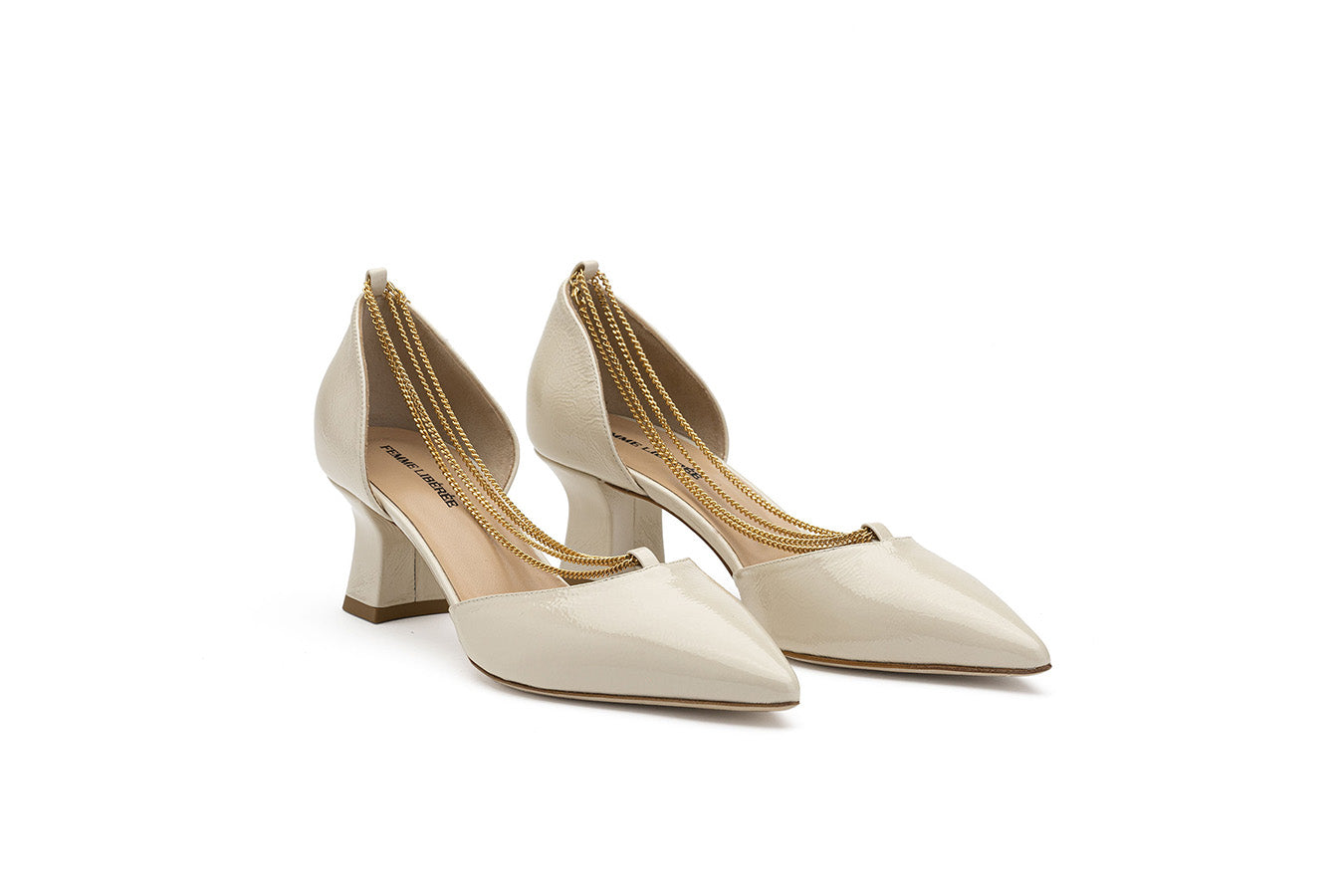 Linda Pearl White Lack Dorsay shoes shot at angle on a white background from the front