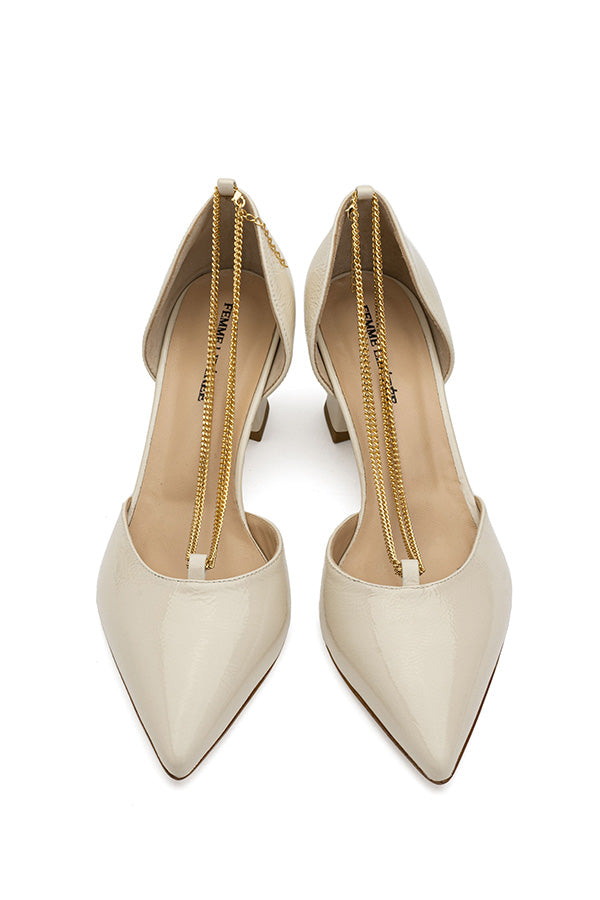 Women pearl shoes Linda Pearl White Lack D'orsay shot from above on a white-grey background