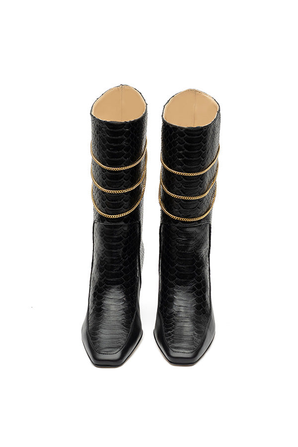Femme Liberee black leather boots for women Naomi Python Print shot from the front on white background