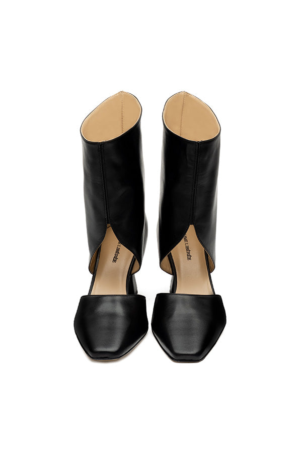 Tyra Black OpenBoot square toe boot heels shot from the front on white background
