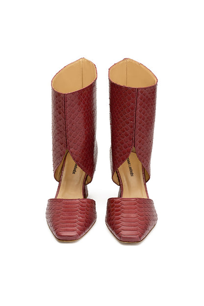 Tyra RedCherry Python Print Open square toe boots heels shot from the front on white background