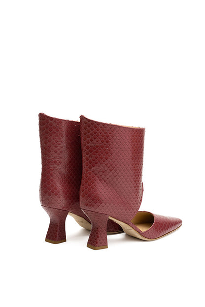 Tyra Python Print womens Red Cherry leather boots shot at angle from behind on white background
