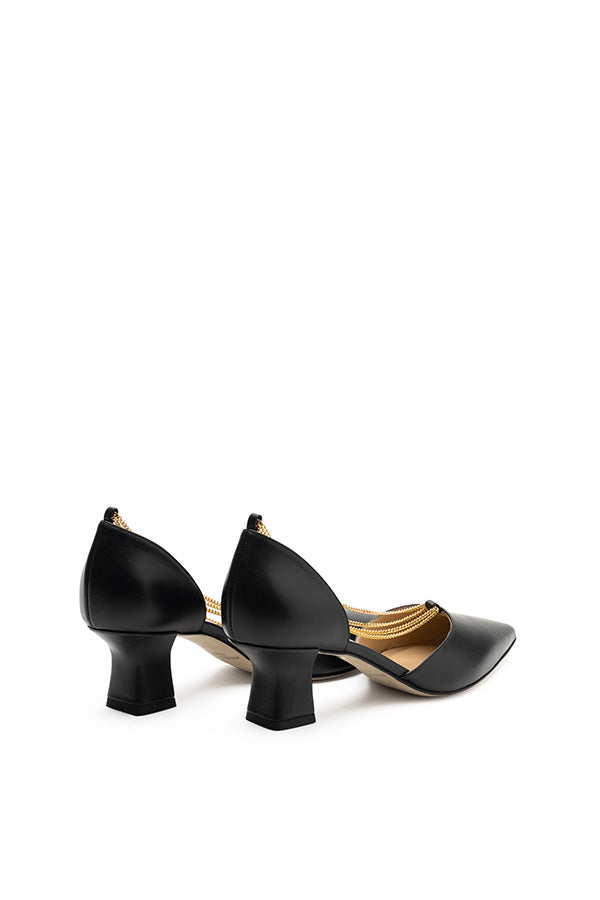 Linda Black d'orsay wedding shoes ahot from the back at angle on a white background