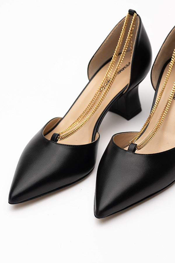 50 mm heel Linda Black D'orsay shoes shot from the front at an angle on white background