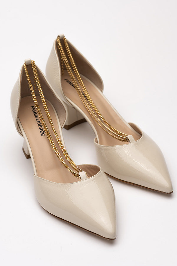 Linda Pearl White Lack Dorsay shoes shot from above at angle