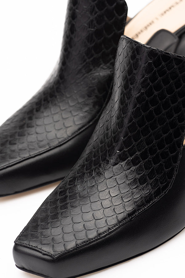 Black flat mule shoes on a white background (Shote from above and front)