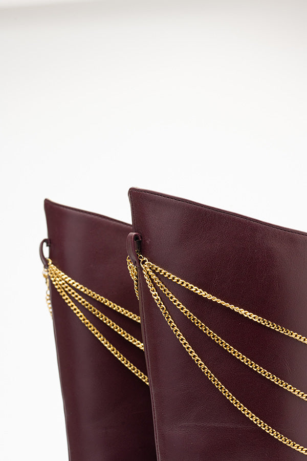 Zoom in on the higher part of the Naomi Mulberry Boots on white background