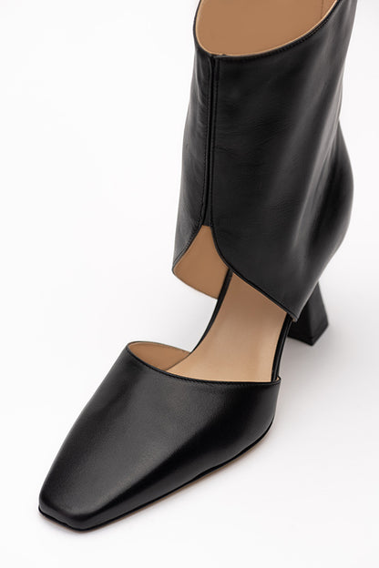 Tyra cut out ankle boot shot from above at angle on white background